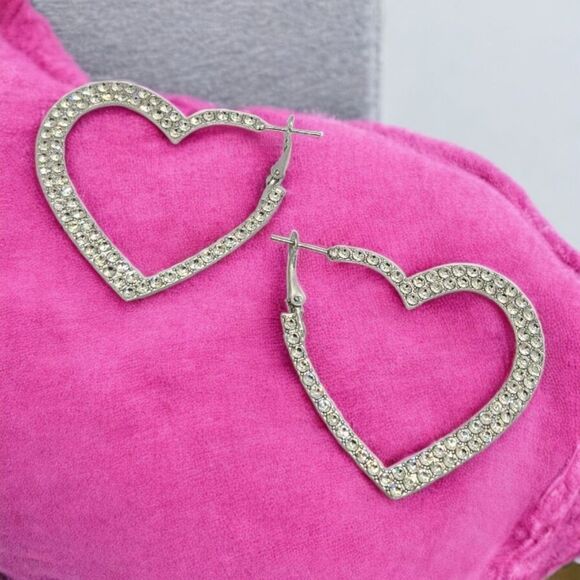 Silver Rhinestone Heart Hoop Earrings Studded Pierced Women's Jewelry Leverback - Picture 9 of 9